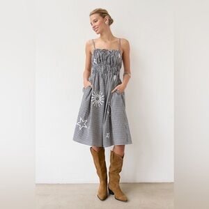 Gingham Smocked Midi Dress in Black & White